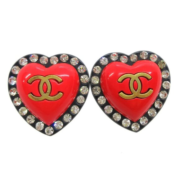 Chanel Heart Rhinestone Earrings Clip-On Red Black 95P GS02310e - Picture 1 of 4
